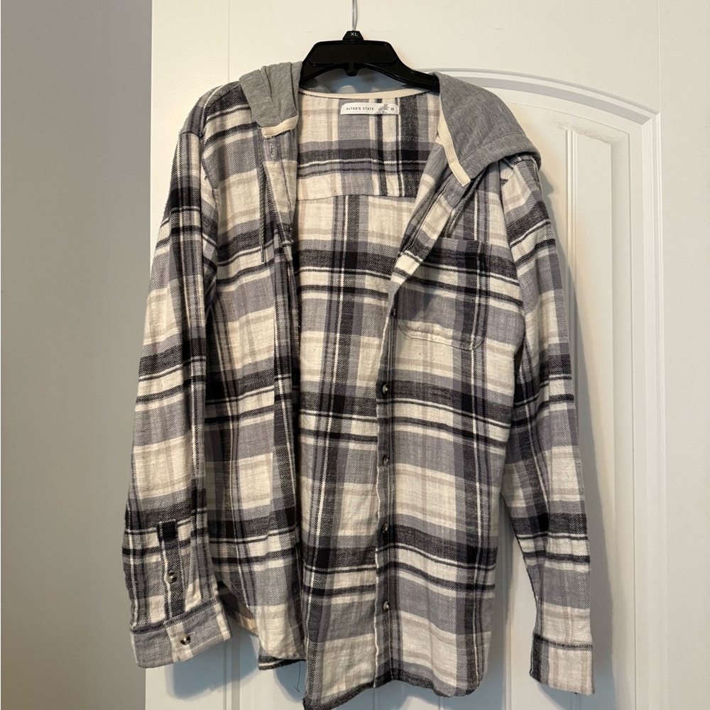 Altar'd State Gray and Cream Plaid Hooded Shirt